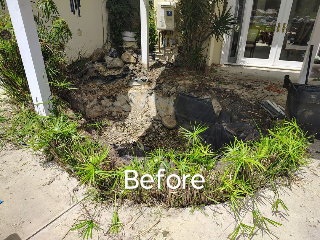 Before landscape renovation showing exposed soil, large rocks, and plant overgrowth.