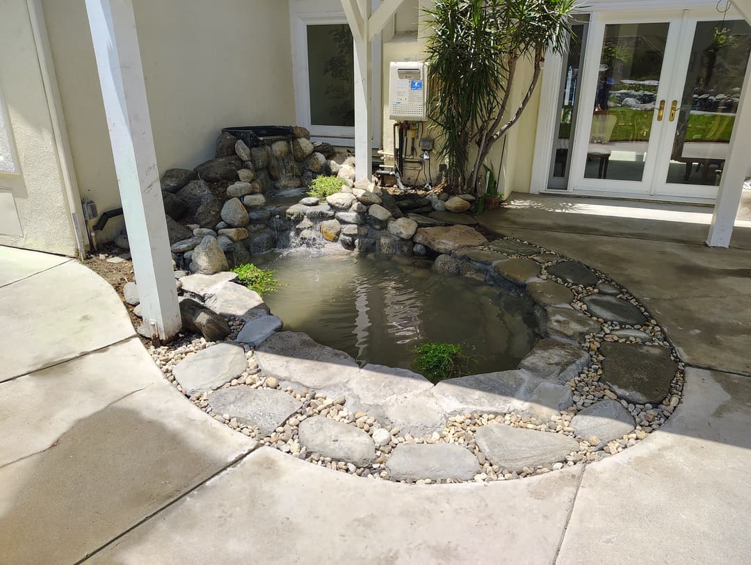 Peaceful backyard pond with rocks and greenery, surrounded by a stone pathway.