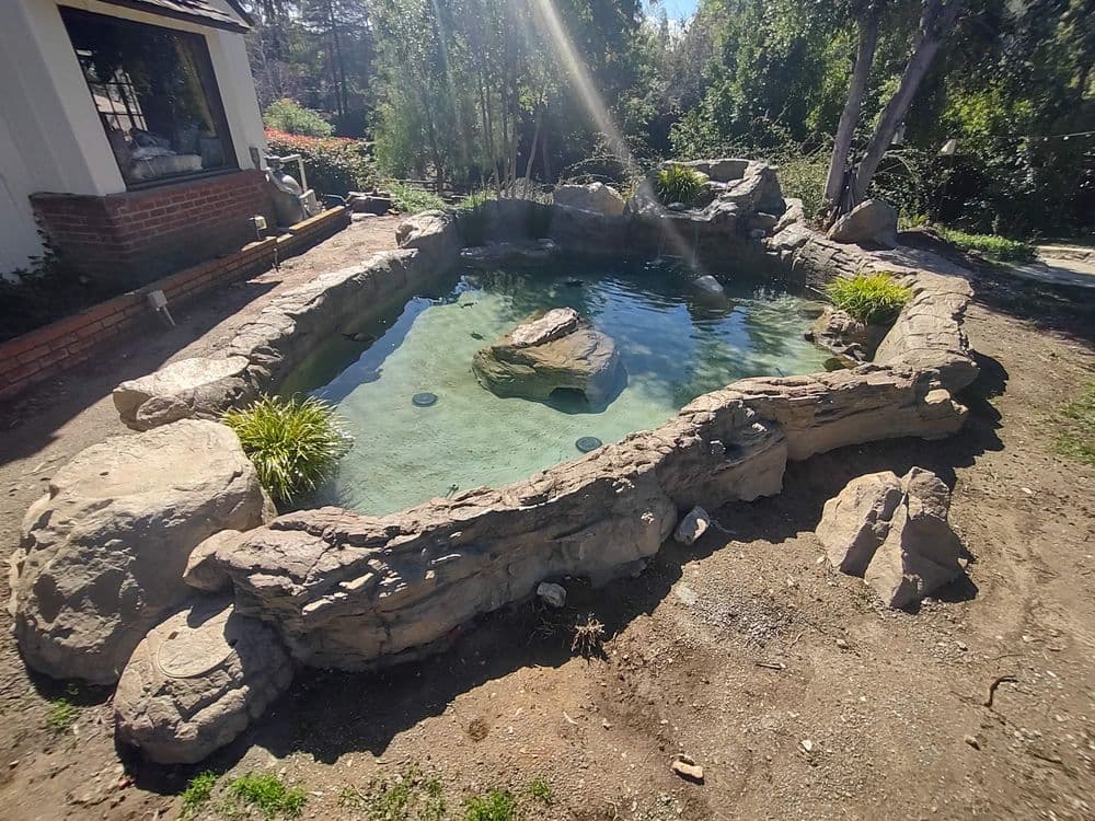 Natural pond with rock formations and greenery, surrounded by a sunny landscape.