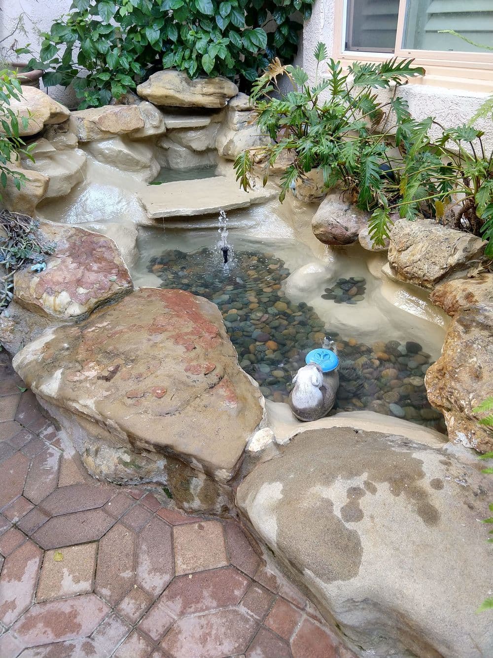 Tranquil garden pond with rocks, water feature, and greenery in a serene outdoor setting.