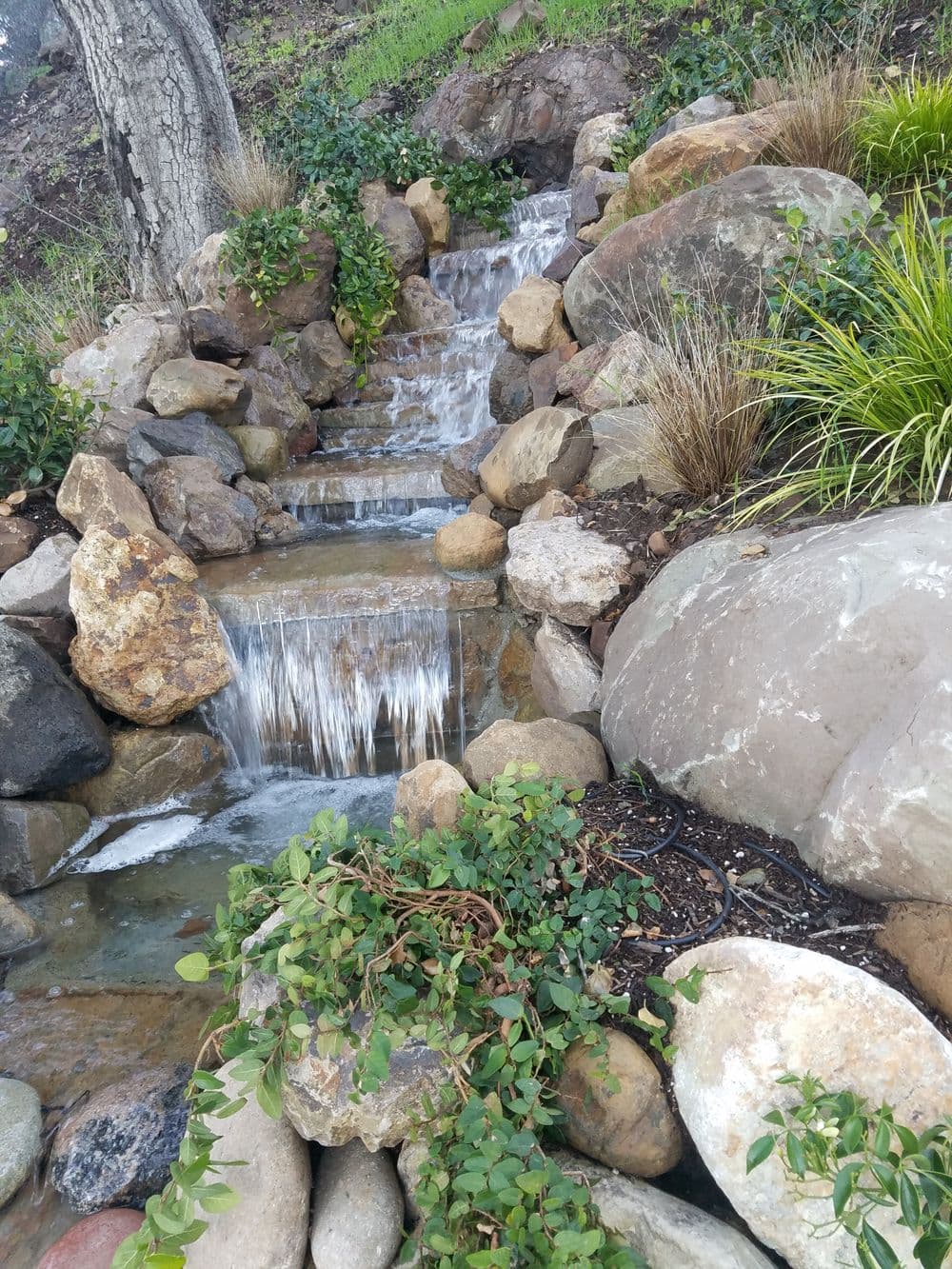 Tranquil waterfall cascading over rocks in a lush, green garden setting.