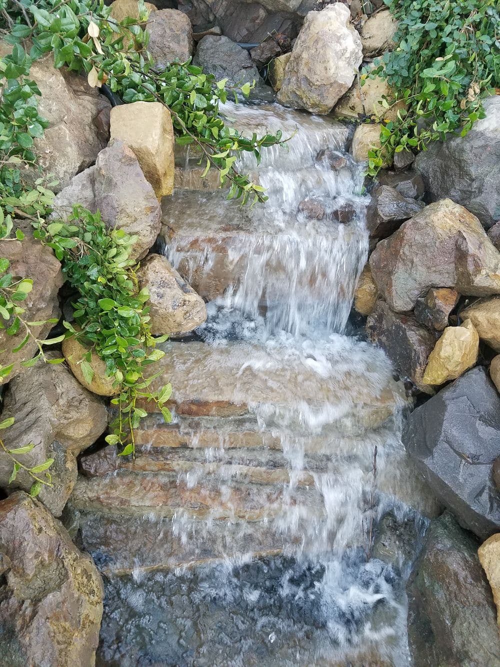 Flowing waterfall cascading over rocks with lush greenery accentuating the scene.