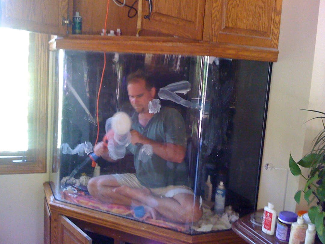 Man sitting cross-legged inside a large fish tank, engaged in an activity indoors.