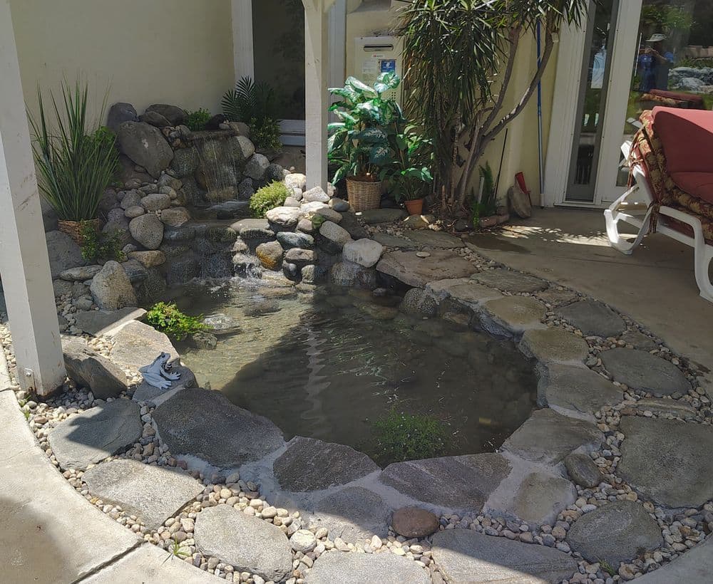 Serene garden pond with stones, plants, and a small waterfall beside a patio.