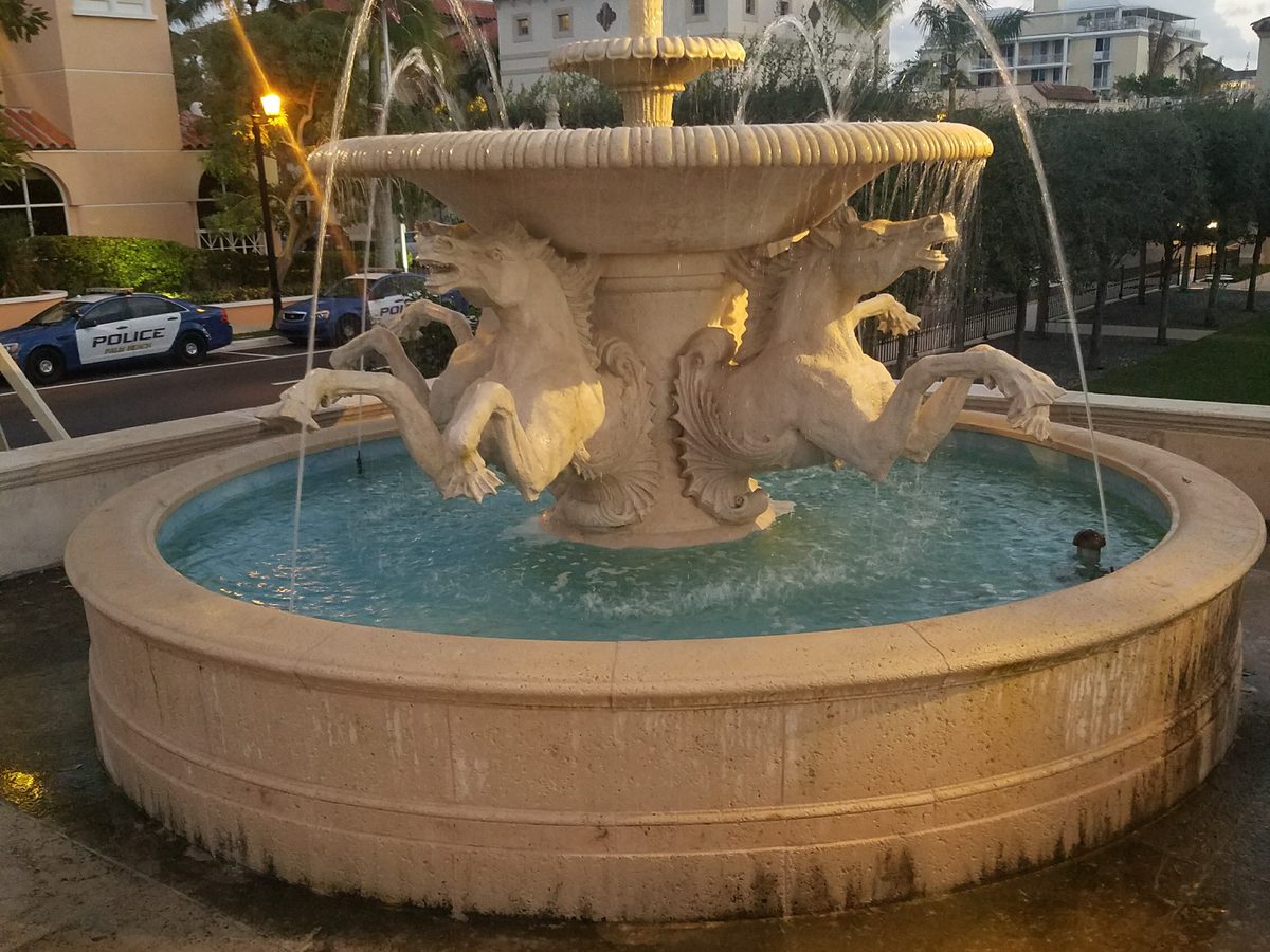 Stone seahorse fountain running at dusk